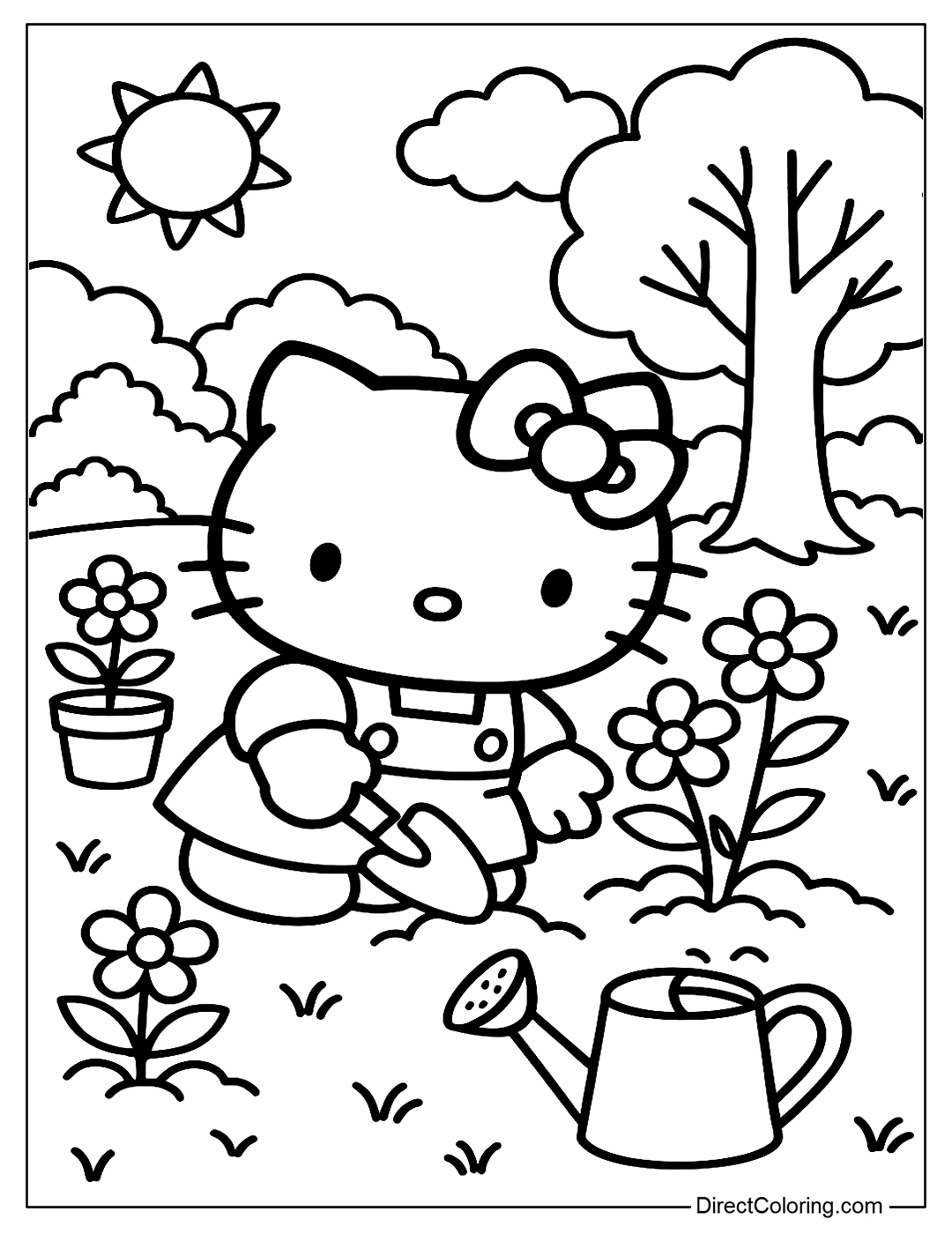 Hello Kitty Planting Flowers in the Garden to Color